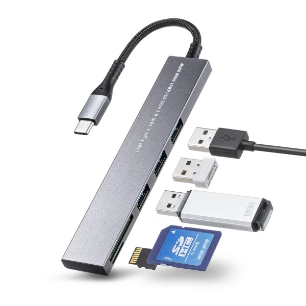 USB 5Gbps 3ポート スリム ハブ（カードリーダー付き・Type-C接続） USB-3TCHC20MS