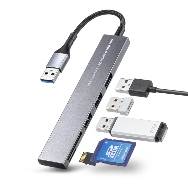 USB 5Gbps 3ポート スリム ハブ(カードリーダー付き・USB A接続) USB-3HC320MS