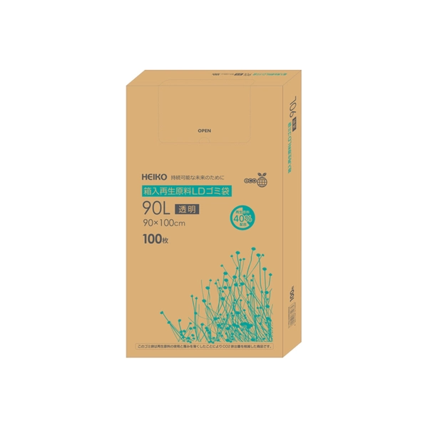 【HEIKO】箱入再生原料LDゴミ袋 90L 透明 100枚×3 (300枚)