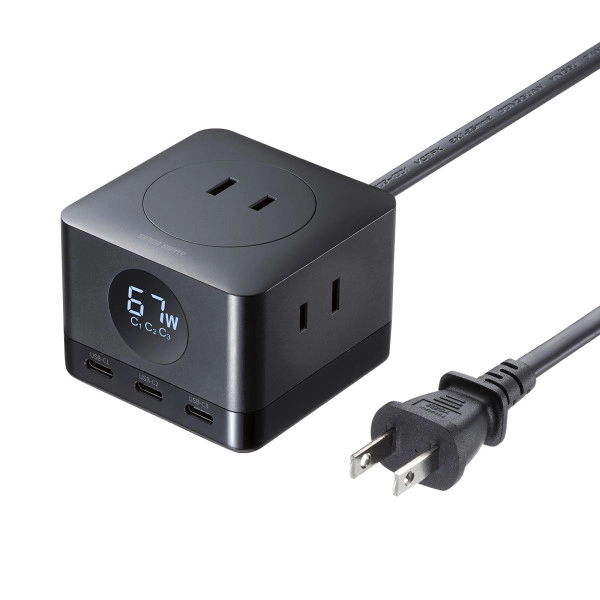PD67W USB-C×3GaN窒化ガリウム 充電機能付き3個口タップ TAP-B111C3BK