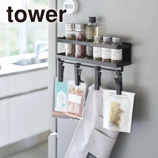 【tower】マグネットスパイスラック&回転式クリップ タワー 4連 (ブラック)